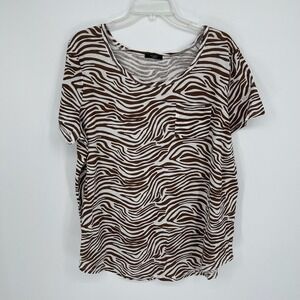Studio 1886 Women's Brown Zebra Print Pocket Short Sleeve Tee T-Shirt Size 1X